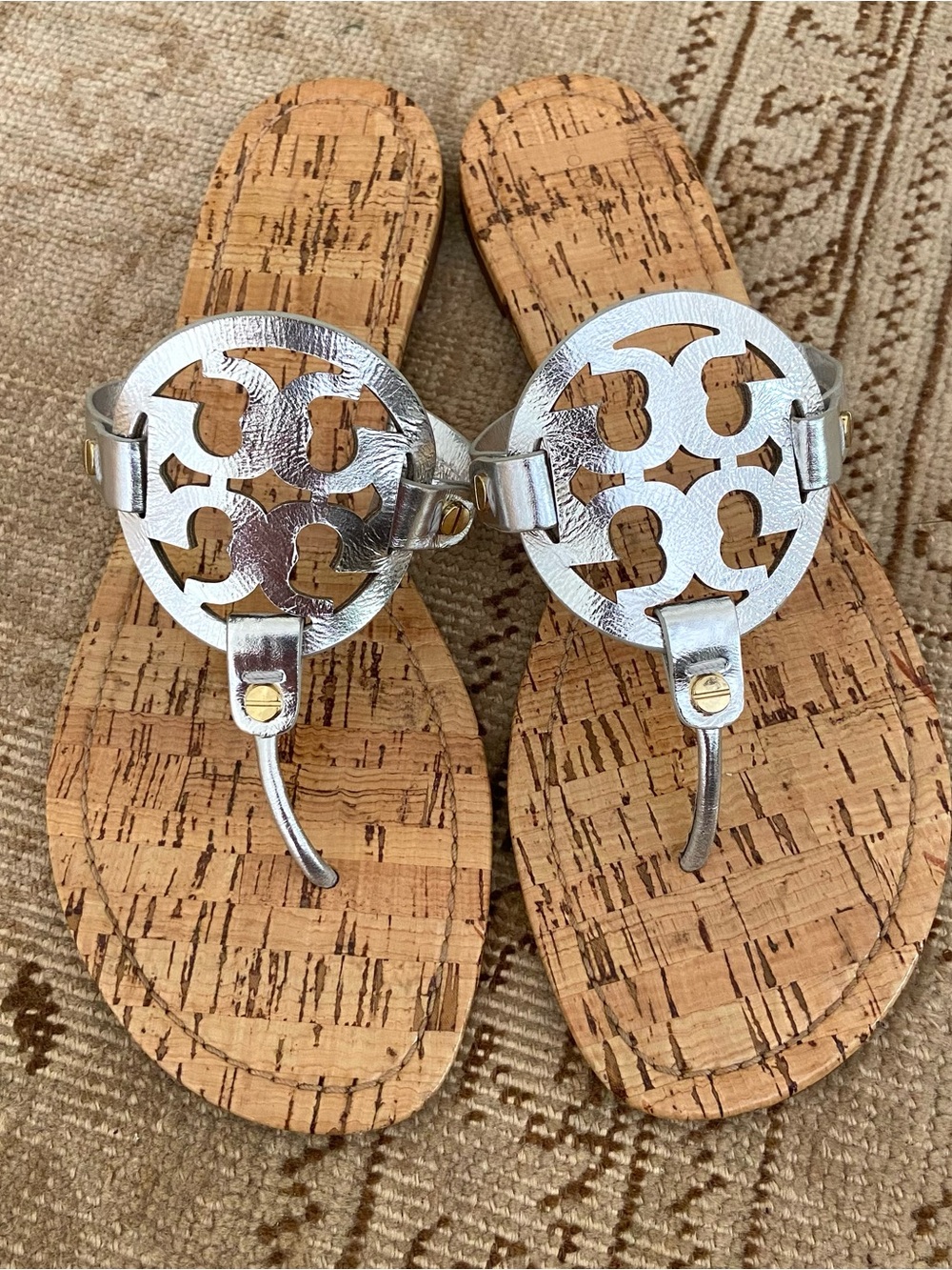 Tory Burch Miller Sandal Silver Metallic/Natural Size 10 Beach Designer Preppy